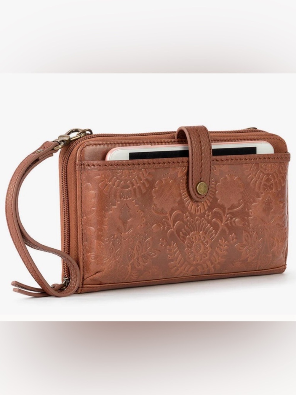 NEW The Sak Iris Smartphone Wallet Tobacco Floral Embossed (wallet on strap)